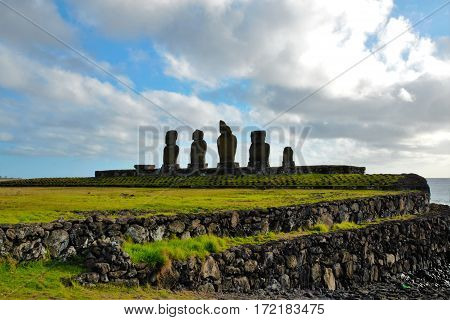 Long shot of the Moai at Ahu Tahai in Hanga Roa in Rapa Nui Easter Island Chile South America
