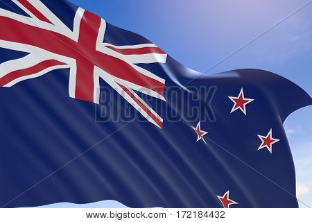 3D Rendering Of New Zealand Flag Waving On Blue Sky Background.