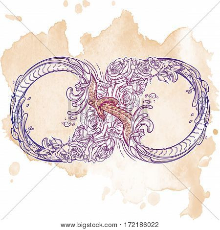 Sign of the eternity or infinity. Artistic decorative interpretation of the mathematical symbol with rose garland and water splashes. Concept design for the tattoo, colouring book or postcard. EPS10 .