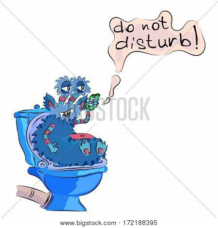 Blue Monster sits in the toilet on the toilet