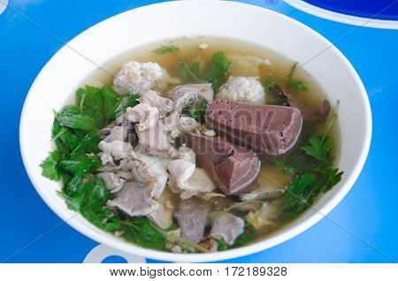 Boiled pig's blood soup with peppers An ordinary thai breakfast serve
