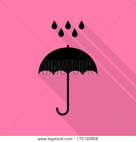 Umbrella with water drops. Rain protection symbol. Flat design style. Black icon with flat style shadow path on pink background.