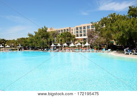 ANTALYA TURKEY - APRIL 20: The tourists enjoing their vacation in luxury hotel on April 20 2014 in Antalya Turkey. More then 36 mln tourists have visited Turkey in year 2014