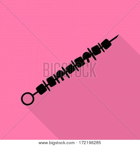 Shish kebab on skewers sign. Black icon with flat style shadow path on pink background.
