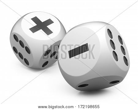 3d white game dices wit plus an minus sign. Illustration isolated on a white background