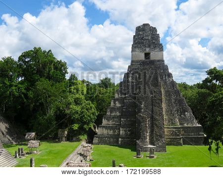 Mayan stepped pyramid among the Tikal ruins in Peten, Guatemala