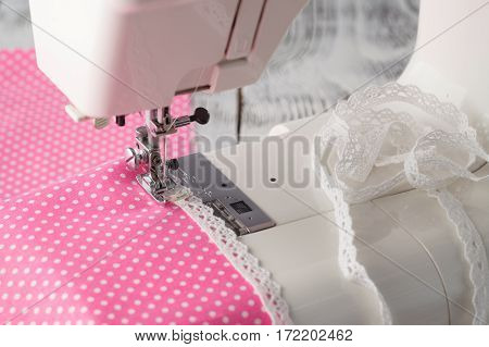 Leisure Hobby Concept, Sewing Machine At Home With Pink Polkadot