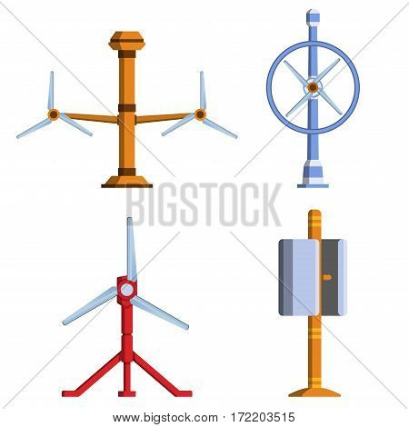 Set of different tidal power station rotters. Clean water energy source. Innovation power station. Vector illustration.