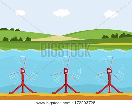 Tidal power station. Flat style cartoon tidal tower station. Innovation clean power. Vector illustration.