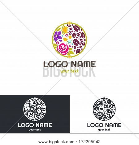 Logo of flowers and coffee. On a white background. Available options are black and white