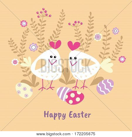 Two cute white chicken with painted eggs and sprigs. Vector illustration. Easter card design template.