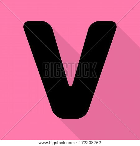 Letter V sign design template element. Black icon with flat style shadow path on pink background.