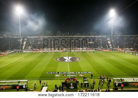 Thessaloniki Greece February 16 2017: View of the Toumba Stadium full of fans of PAOK during the UEFA Europa League match between PAOK vs Schalke played at Toumba Stadium