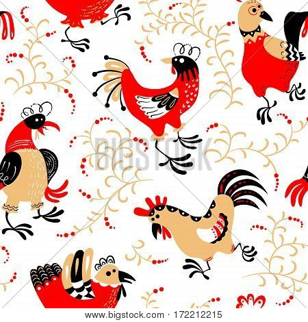 Seamless pattern with roosters. Cute decorative floral background with hen and chicken in ethnic colorfil style. Backdrop for textile and easter cards