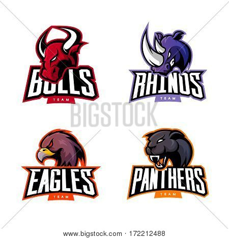 Furious rhino, bull, eagle and panther sport vector logo concept set isolated on white background. 
Web infographic professional team pictogram. Premium quality wild animal and bird t-shirt tee print illustration