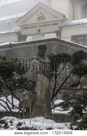 Mount St. Anna Poland - February 4, 2017: concrete figure of St. Francis in the winter fog in the Franciscan monastery on Mount St. Anna in Poland