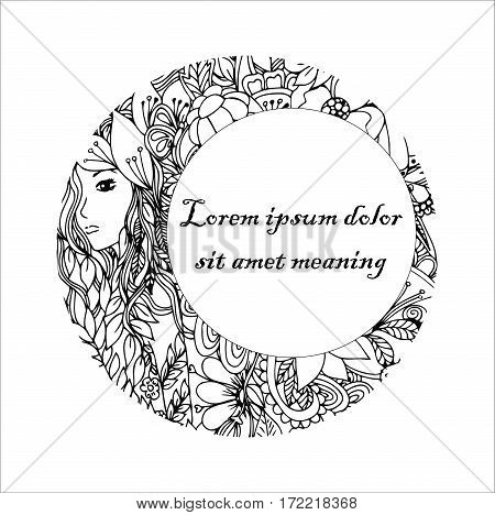 Vector illustration Zen Tangle, round frame, black and white