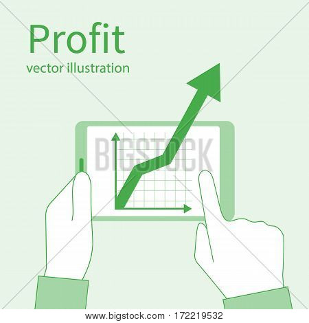 Profit growth investment concept. Increase in profit. Man hold in hands tablet with business chart. Vector flat minimal design. Market analytical data. Analyzing stock market. Financial diagram.