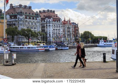 STOCKHOLM, SWEDEN - JUNE 28, 2016: Cove Nybroviken in the central part of the city is the starting point for a voyage on the Stockholm archipelago.