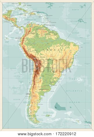 Retro Color Physical Map of South America with global relief roads lakes and rivers. Highly detailed vector map.