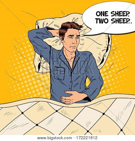 Pop Art Man in Bed Suffering Insomnia and Sleeplessness. Vector illustration