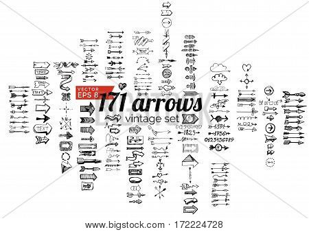 Vector illustration of vintage arrows and design elements in ink hand drawn style.