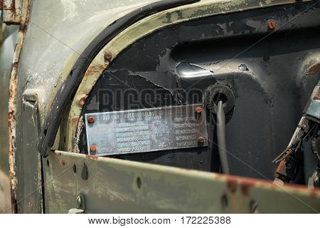 PLUZINE, MONTENEGRO - JULY 27, 2016: metal plate with Vehicle Identification Number of TAM (Tovarna Avtomobilov Maribor = Maribor Automobile Factory) a Yugoslavian commercial vehicle manufacturer 