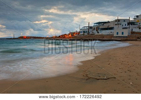 View of the village on Donoussa island from the beach. Naxos island can be seen in the background.