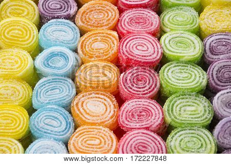 Sweet Sugar Candies on a Street Market Shop Table Selective focus with shallow depth of field