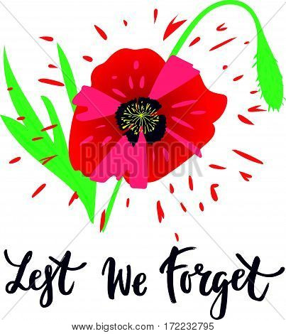 Vector illustration of a bright poppy flower. Remembrance day symbol. Lest we forget lettering