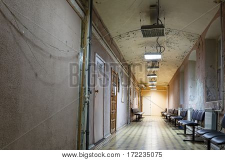 BALASHIKHA/ RUSSIA - OCTOBGER 13. Interior of a corridor in the old city hospital on October 13, 2015. City Balashikha, Moscow region, Russia.