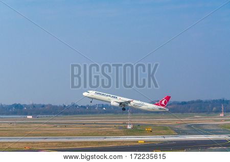 DUESSELDORF NRW GERMANY - MARCH 18 2015: Airbus A321 of Turkish Airlines at startup on the Duesseldorf airport.