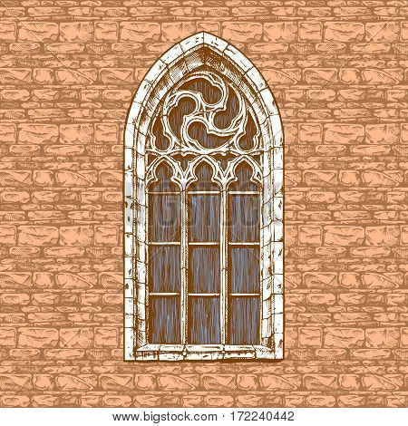 Vector vintage illustration of gothic window in old-fashioned hand drawn style. Seamless wall background.