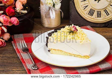 Cake piece Pigeon milk on plate. Stdio Photo