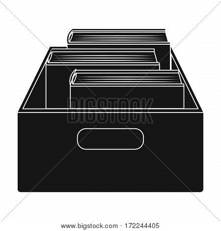 Books in box icon in black design isolated on white background. Library and bookstore symbol stock vector illustration.
