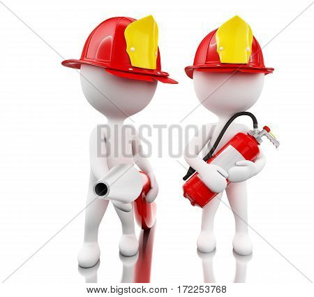 3d illustration. Fireman with helment hose and extinguisher. Safety concept. Isolated white background