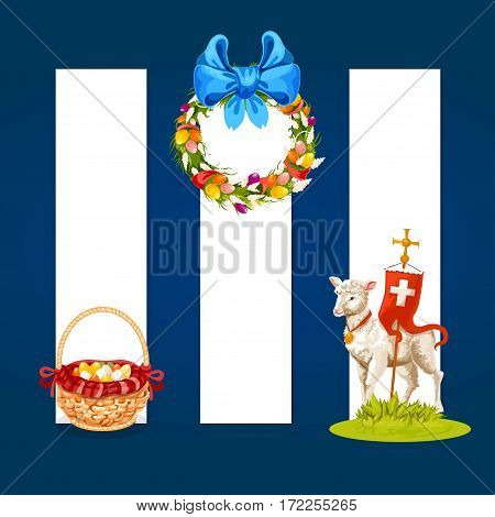 Easter spring holiday cartoon banner set. Easter egg hunt basket, floral Easter wreath with spring flowers, decorated eggs and ribbon bow, lamb of God with cross. Easter label design with copy space