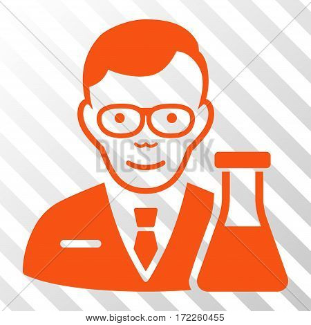 Orange Chemist interface toolbar icon. Vector pictogram style is a flat symbol on diagonal hatch transparent background.