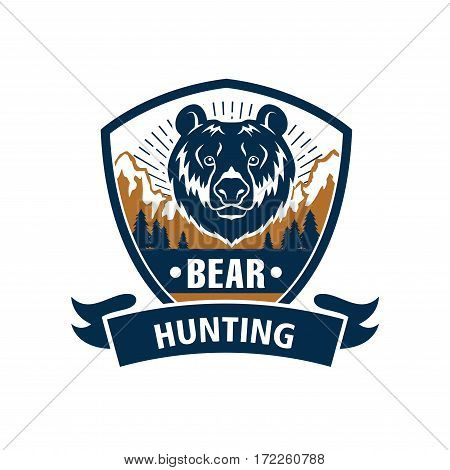 Hunting club emblem with grizzly bear muzzle. Hunter wildlife adventure vector isolated blue icon and ribbon with wild roaring predatory animal and nature
