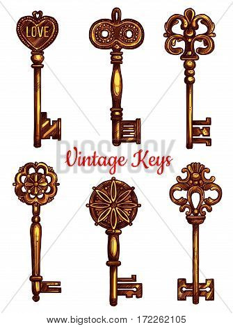 Vintage and old keys vector icons sketch. Set of metal brass or bronze lock key symbols with antique or medieval ornate bow and wards. Lever-type heraldic keys for coat of arms or heraldry shield