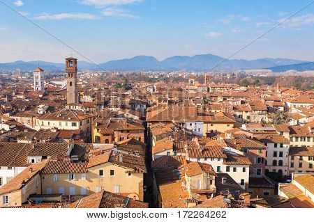 Lucca from Guinigi Tower. Italian landmark. Aerial view of Lucca.