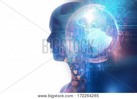 Double Exposure Image Of Virtual Human On World Map 3Dillustration