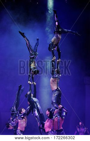 ST. PETERSBURG, RUSSIA - FEBRUARY 3, 2017: Dress rehearsal of the circus program CircUS 2.0. The program created in the Great Moscow Circus and reflects the vision of circus art of XXI century