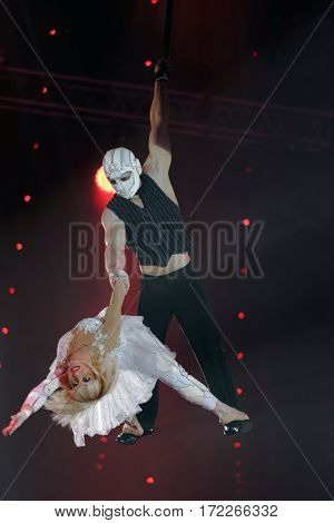 ST. PETERSBURG, RUSSIA - FEBRUARY 3, 2017: Dress rehearsal of the circus program CircUS 2.0. The program created in the Great Moscow Circus and reflects the vision of circus art of XXI century
