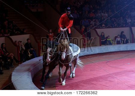 ST. PETERSBURG, RUSSIA - FEBRUARY 3, 2017: Vaulting on horseback during dress rehearsal of the circus program CircUS 2.0. The program reflects the vision of circus art of XXI century