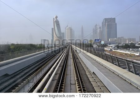 Dubai, United Arab Emirates - February 19, 2017, The Dubai Metro is a driverless, fully automated metro rail network in Dubai, United Arab Emirates