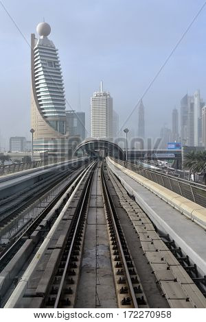 Dubai, United Arab Emirates - February 19, 2017, The Dubai Metro is a driverless, fully automated metro rail network in Dubai, United Arab Emirates