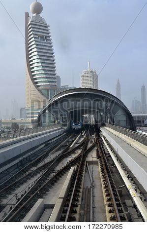 Dubai, United Arab Emirates - February 19, 2017, The Dubai Metro is a driverless, fully automated metro rail network in Dubai, United Arab Emirates
