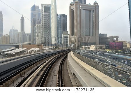 Dubai, United Arab Emirates - February 19, 2017, The Dubai Metro is a driverless, fully automated metro rail network in Dubai, United Arab Emirates