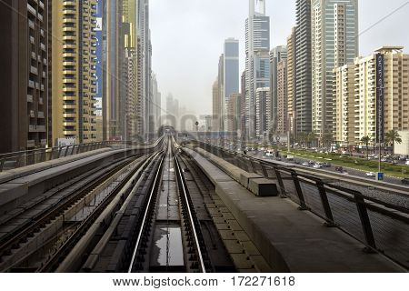Dubai, United Arab Emirates - February 19, 2017, The Dubai Metro is a driverless, fully automated metro rail network in Dubai, United Arab Emirates